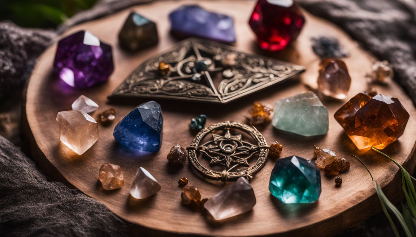une série de symboles astrologiques entourés de cristaux de guérison.