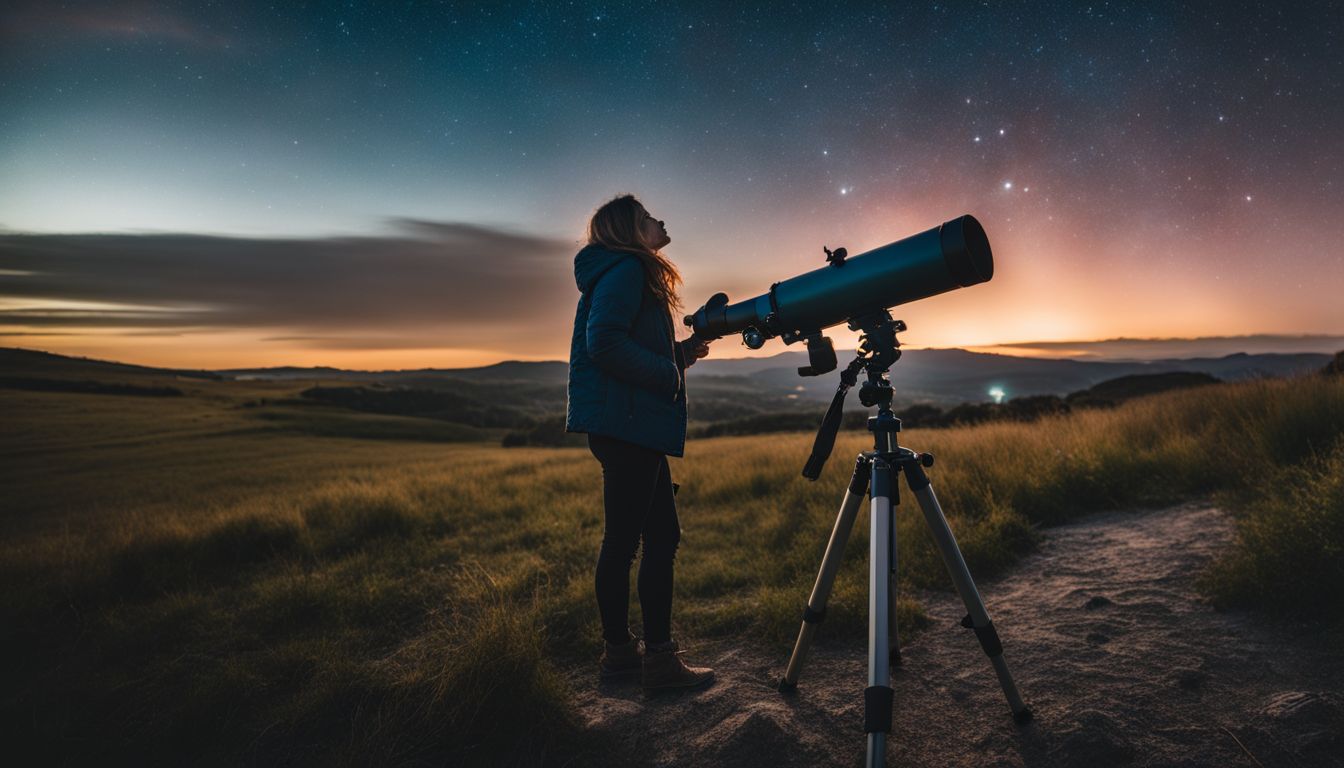 une personne observe les étoiles avec un télescope dans la campagne paisible.