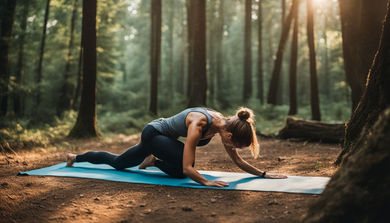 une personne pratique le yoga dans une clairière forestière paisible.