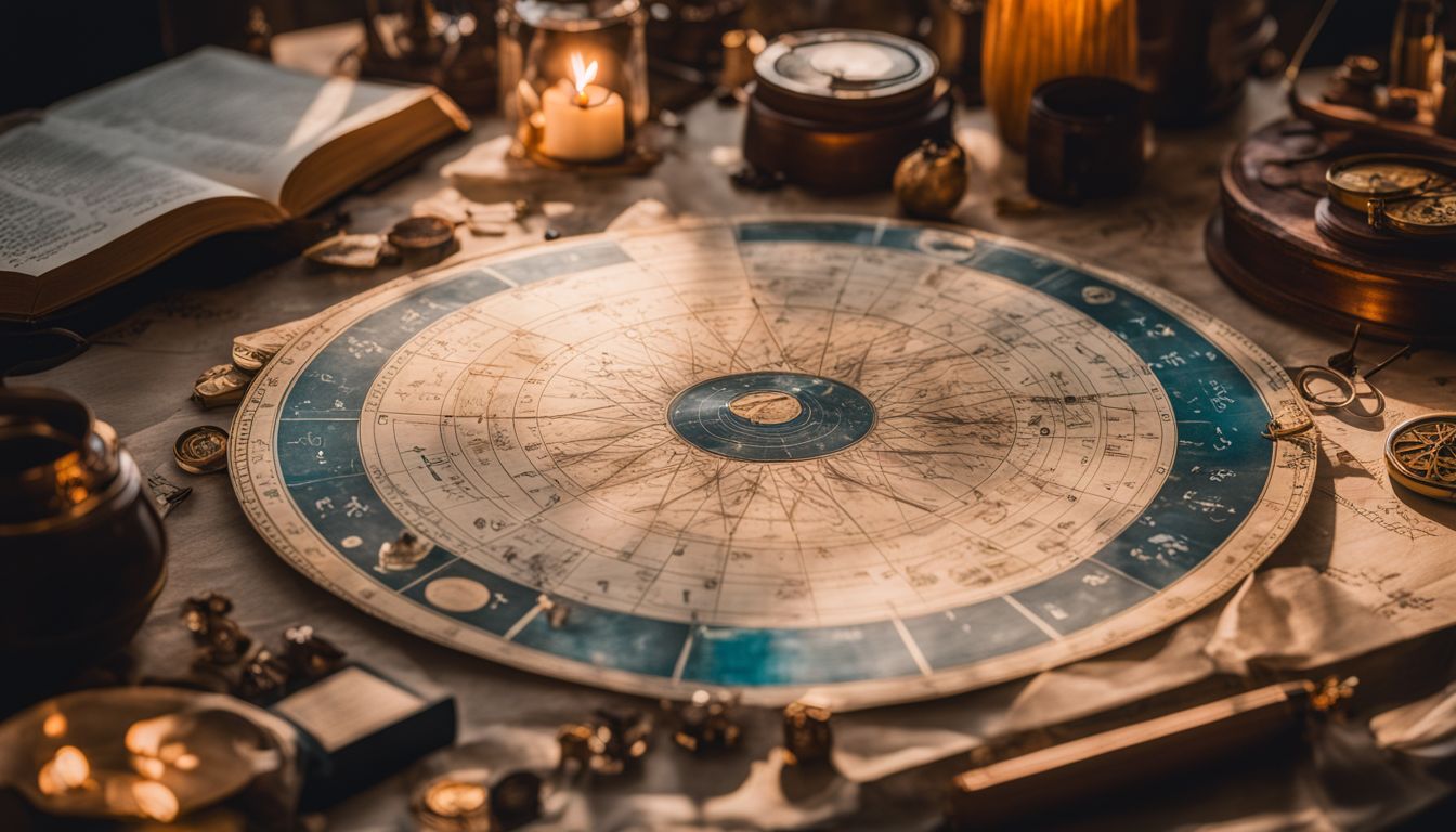 un diagramme astrologique vintage entouré d'objets mystiques et de photographies naturelles.