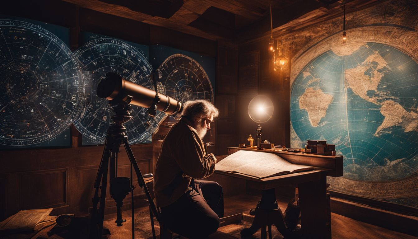 un astrologue observant le ciel nocturne à travers un télescope entouré d'anciennes cartes astrologiques.