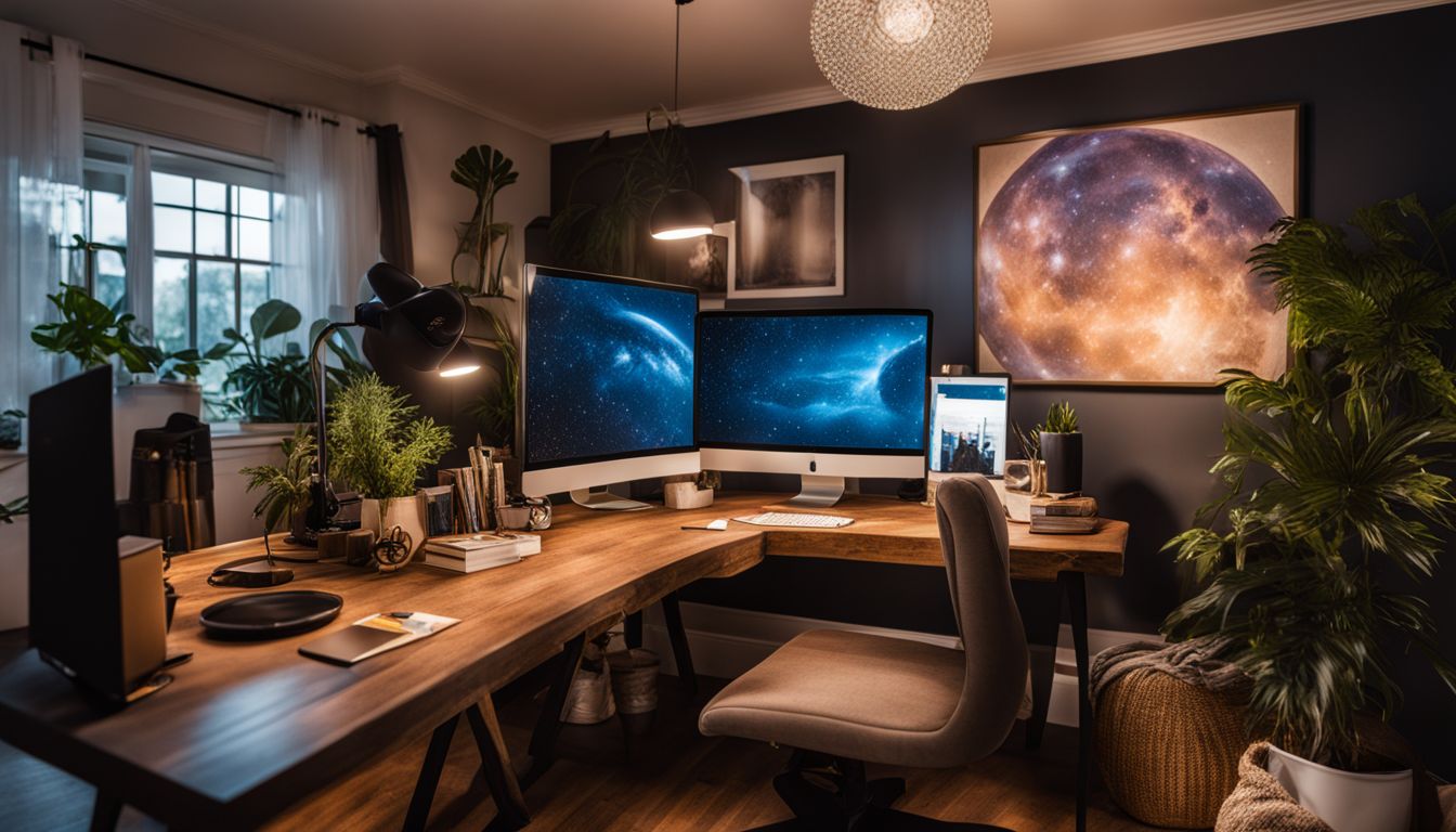un bureau à domicile confortable avec une ambiance astrologique et relaxante.