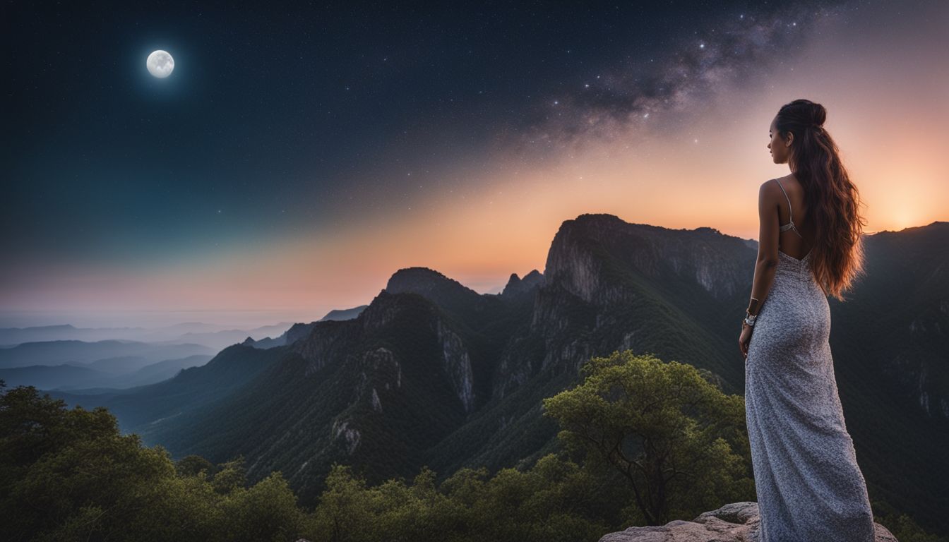 une personne contemplative observant le ciel étoilé dans un paysage naturel serein.