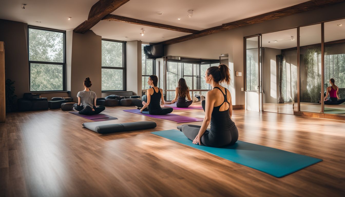 un studio de yoga tranquille avec différentes personnes pratiquant le yoga.