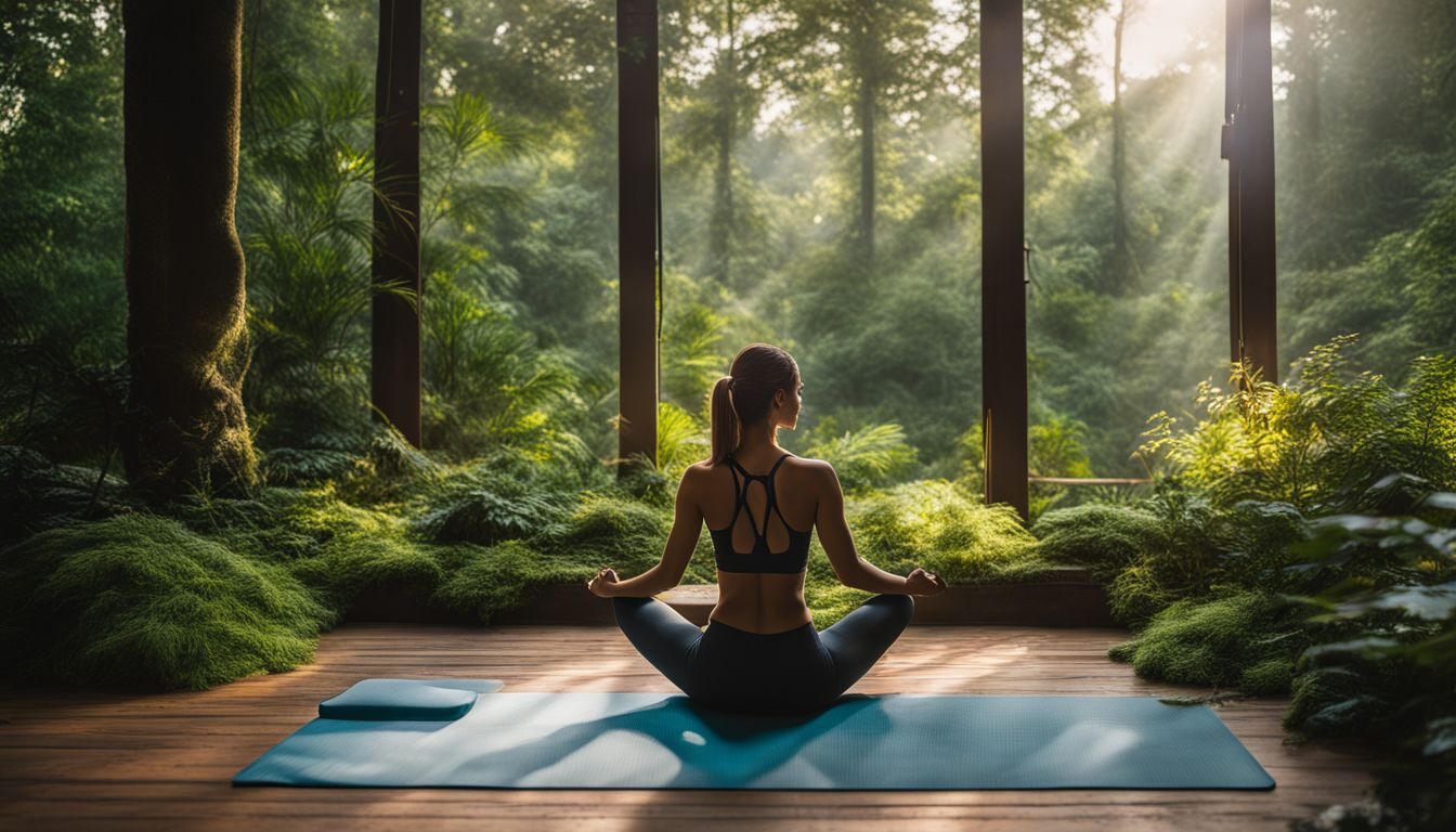 une forêt tranquille avec un tapis de yoga et des accessoires.