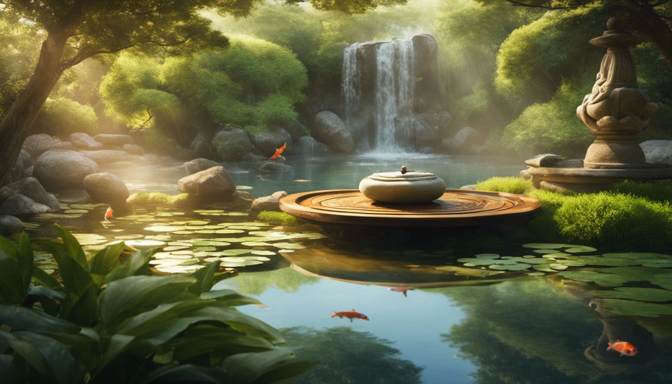 un jardin zen paisible avec des arbres bonsaï luxuriants entourant un étang de carpes, créant une atmosphère sereine de tranquillité et de paix intérieure.