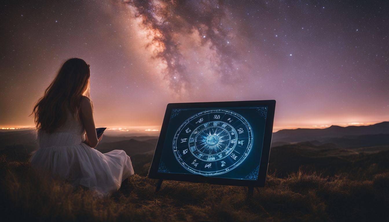 une personne lit son horoscope dans un cadre paisible sous un ciel étoilé.