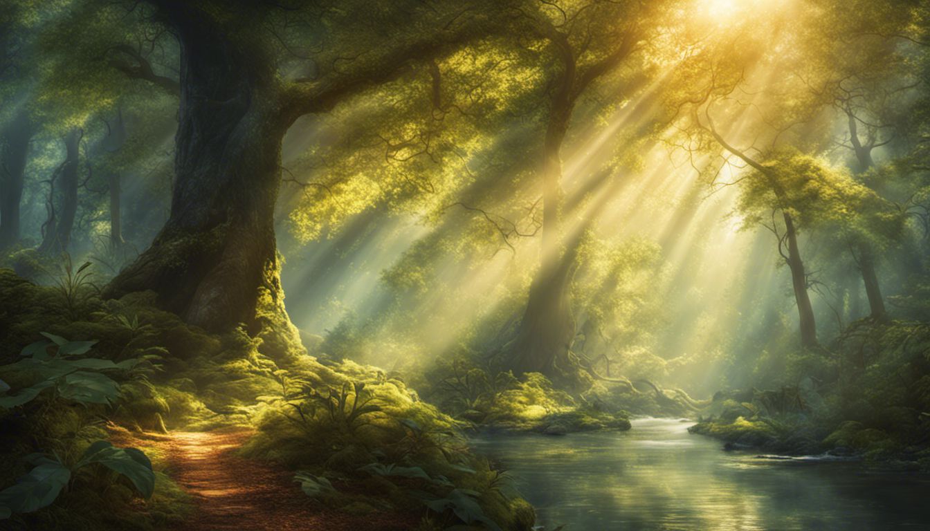 une forêt paisible avec des rayons de soleil dorés filtrant à travers le feuillage dense, créant une atmosphère magique, mettant en valeur les détails floraux et fauniques.