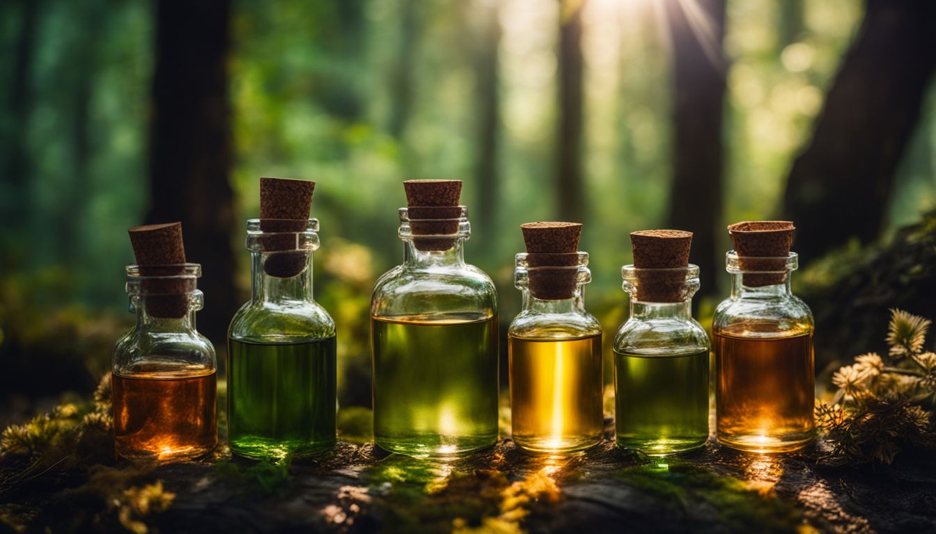 des bouteilles d'huiles essentielles aromatiques dans une forêt tranquille.