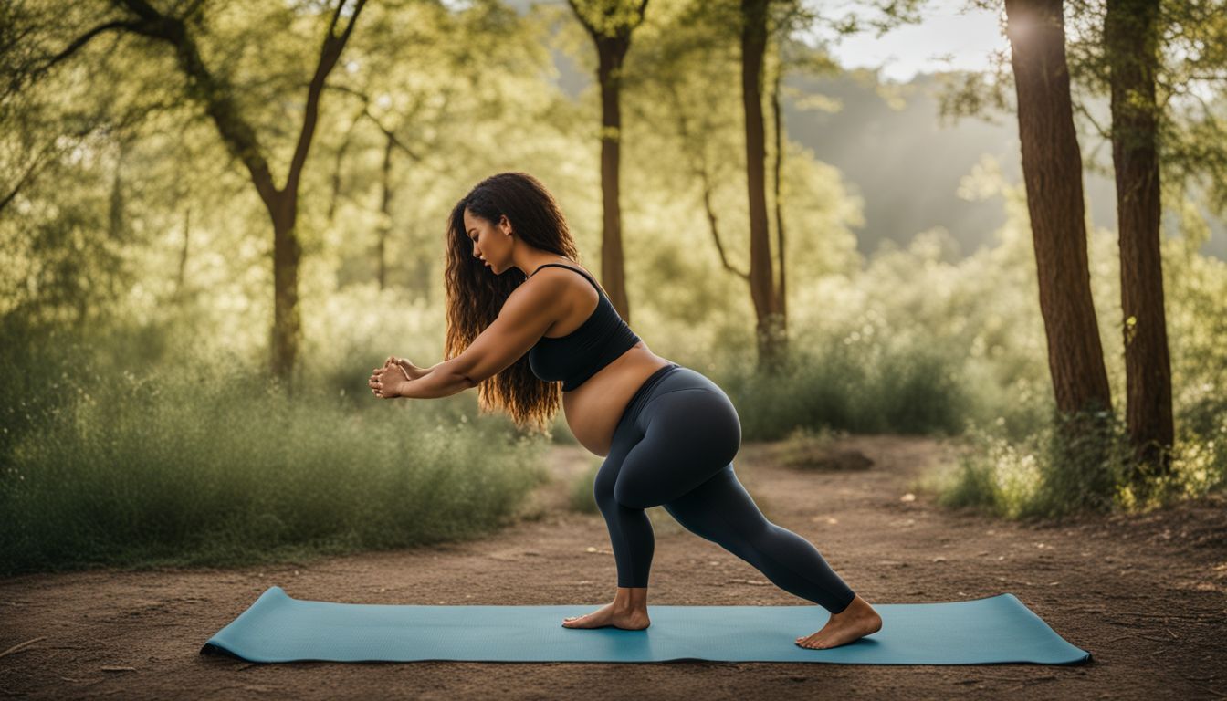 une femme enceinte pratique le yoga dans un cadre naturel serein.