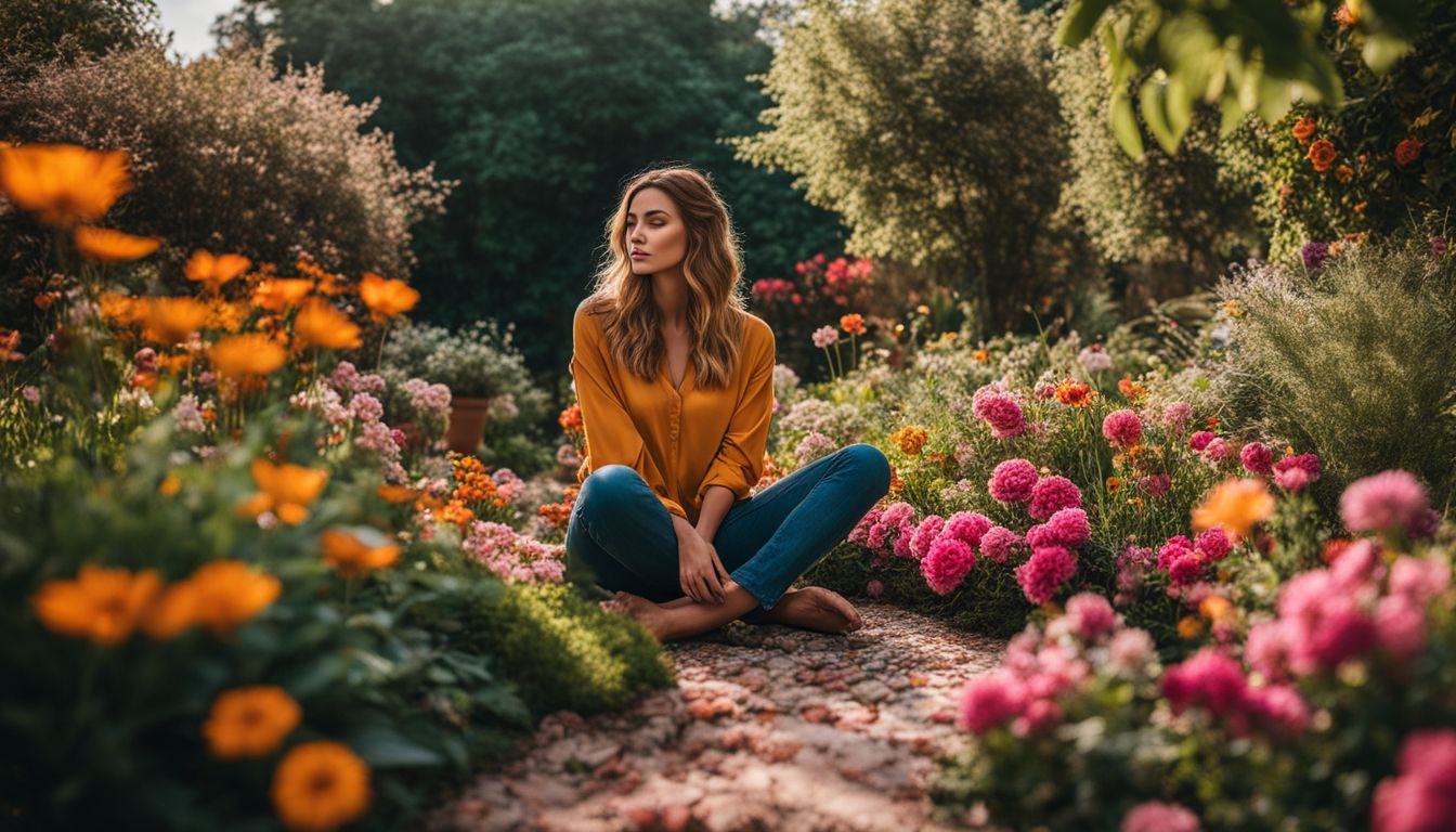 une personne assise dans un jardin paisible entourée de fleurs vibrantes.