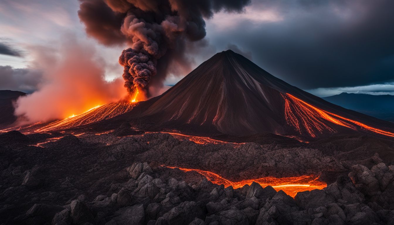 une éruption volcanique capturée avec une lumière dramatique et un large angle.