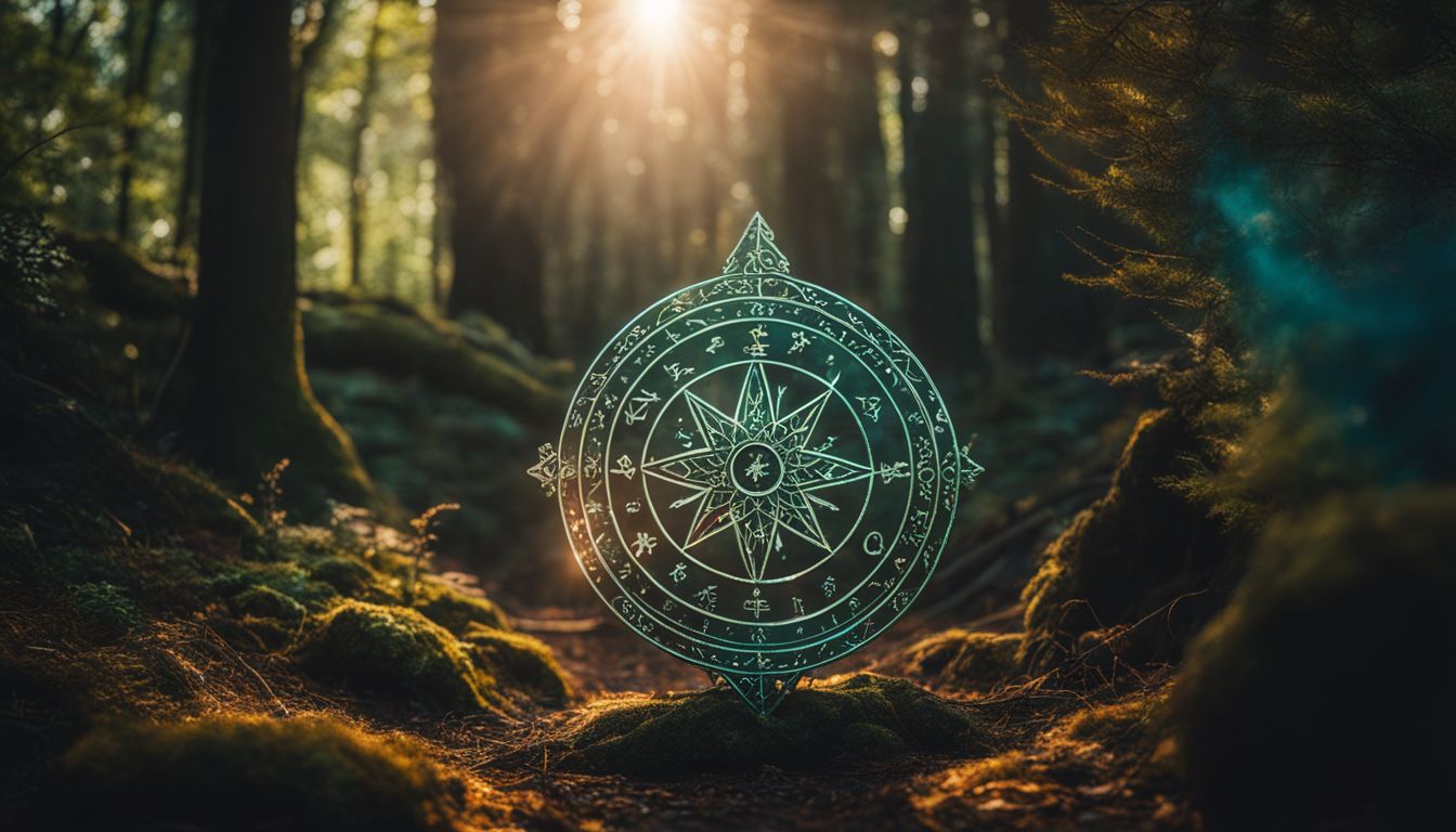 une photo des symboles astrologiques dans une forêt mystique.