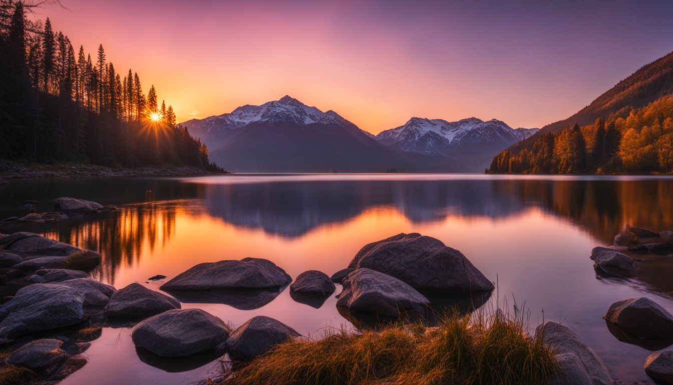 a vibrant sunrise over a tranquil lake surrounded by mountains.
