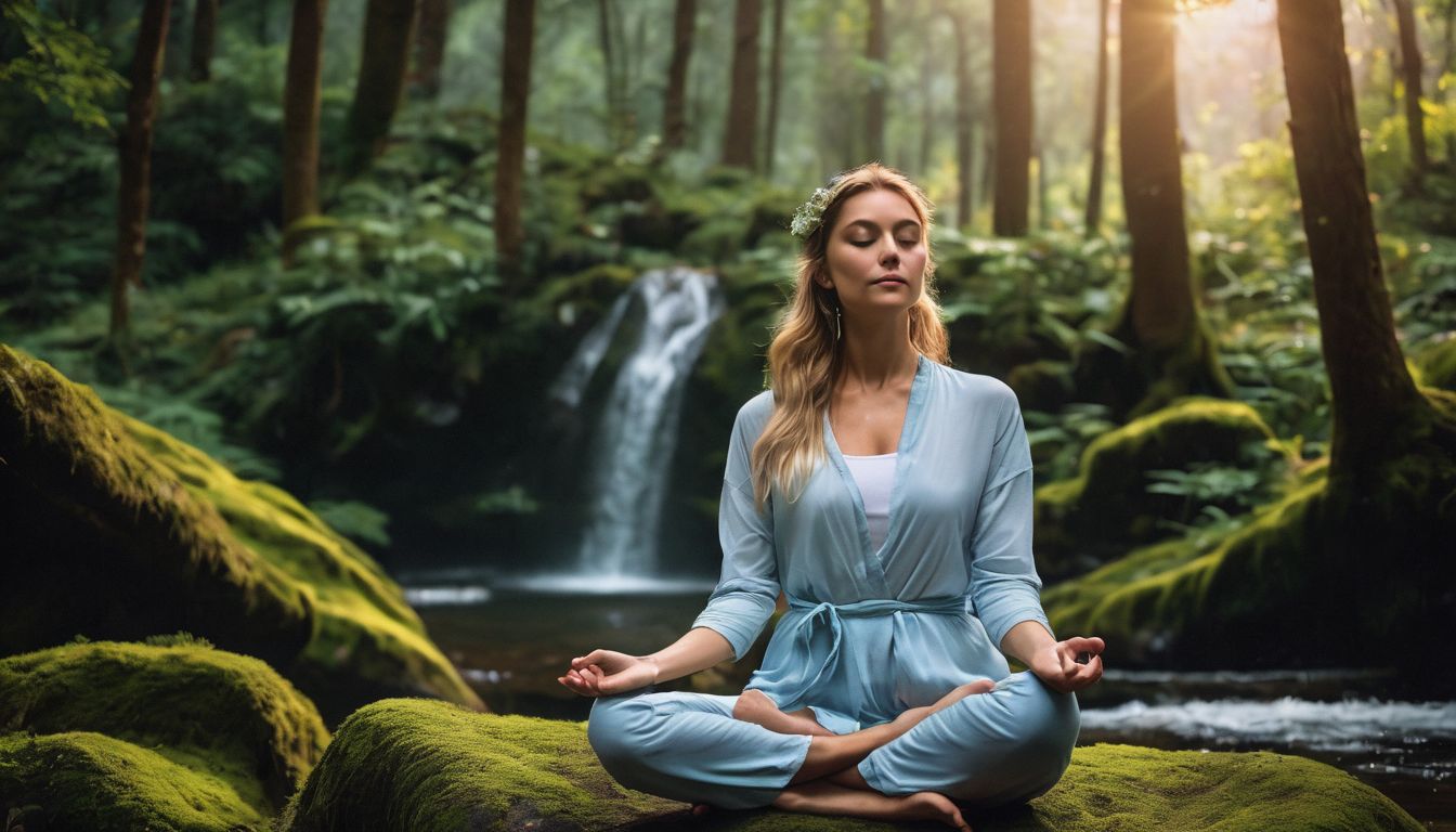 a caucasian person meditates in a serene forest surrounded by nature.