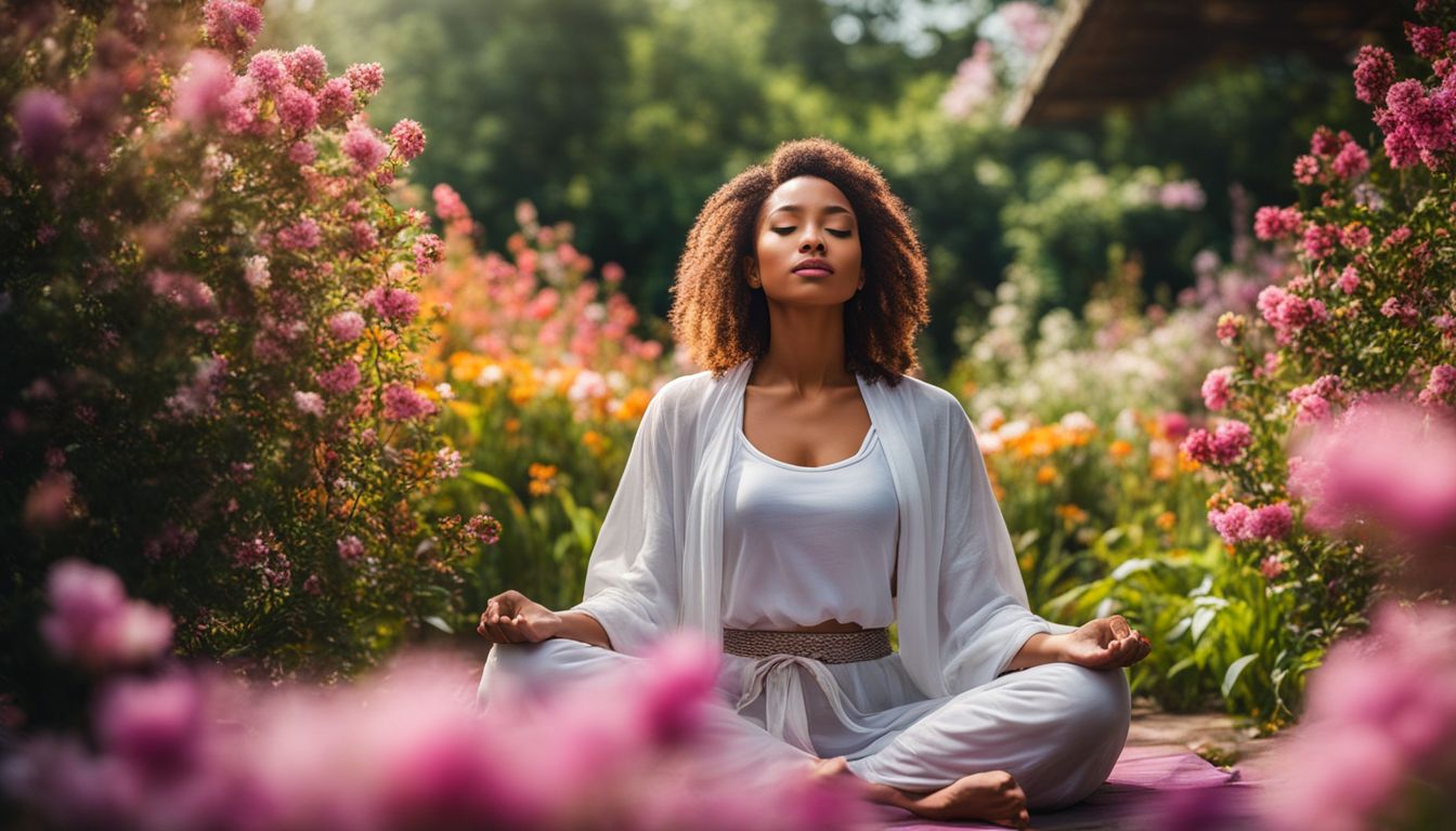 a woman meditating in a garden surrounded by blooming flowers.