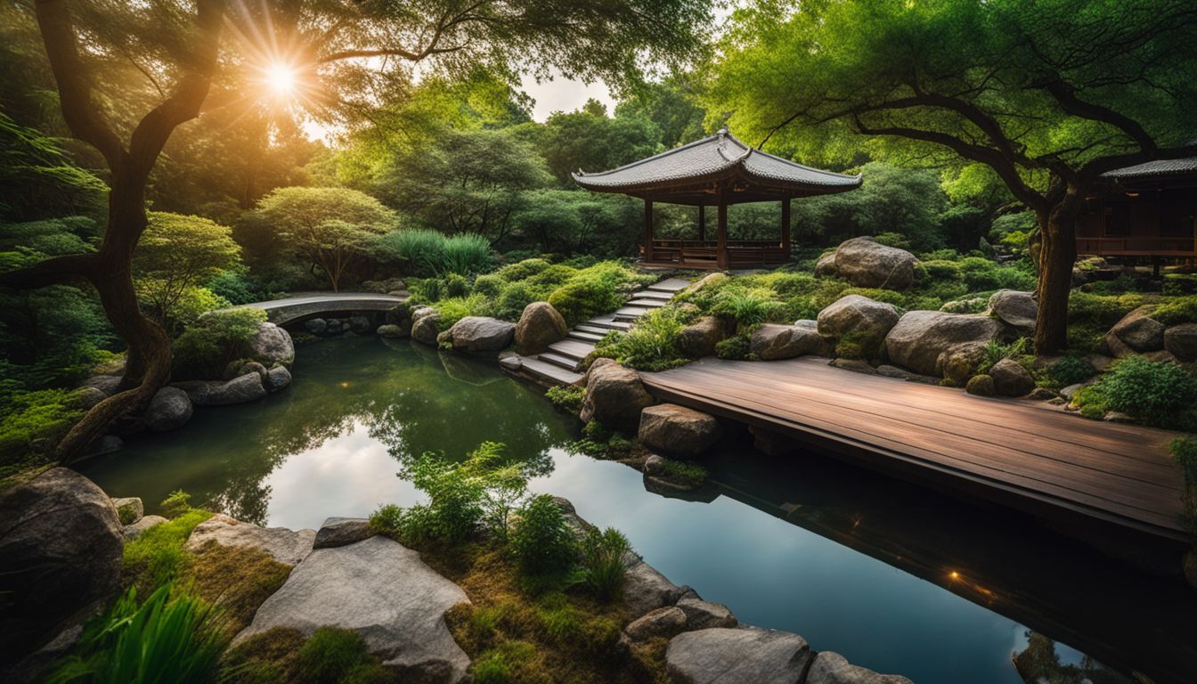 a vibrant zen garden with diverse people and lush greenery.